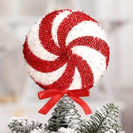 PullCrease Mini Christmas Candy Tree Topper 6.3 x 4 x 1.6 Inch Peppermint Tree Topper Swirl Christmas Ornament Candy Cane Xmas Decoration for Holiday Party Festive Home Decor, Red, White