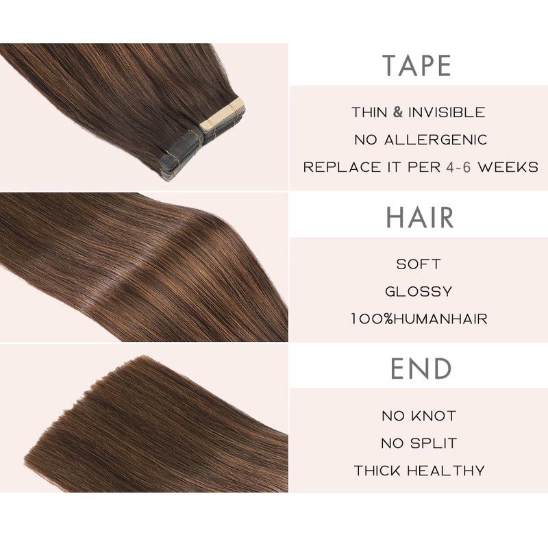 Human Hair Tape in Extensions, Balayage Natural Black Mixed Chestnut
