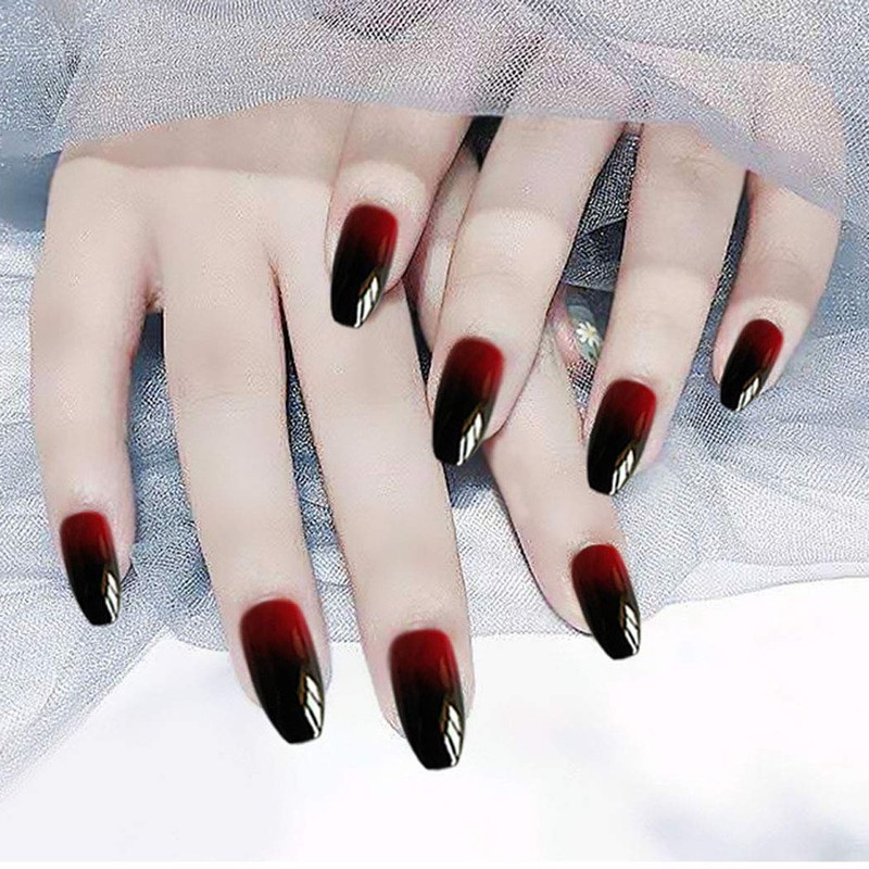 Jovono False Nails Black Red Fake Nails Long Head Nails