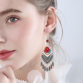 Ricarmo Bohemian Vintage Sliver Hollow Chandelier Lightweight Dangle Drop Earrings Teardrop Crystal Enamel Fringe Hook Earrings For Women (Color)