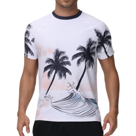 VAYAGER Men's UV Rash Guard T-Shirt Swimming Shirt UPF 50+ Swimming Shirts, Quick Drying, Loose Fit, Water Surf Shirt, White Coconut Tree, 3 XL