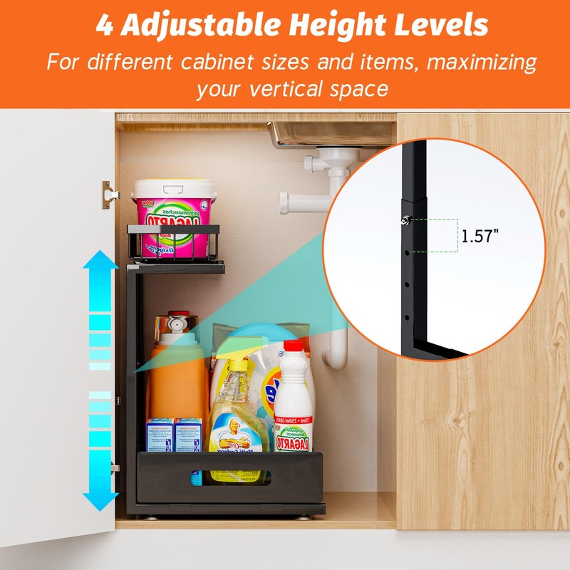 ADBIU Under Sink Organizer(10 Seconds Installation), 1 Pack 2 Tier