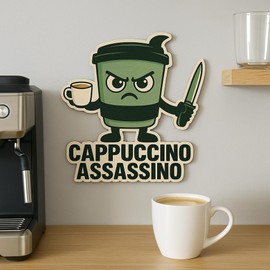 Cappuccino Assassino Wooden Sign 25 x 25 cm - Funny Wooden Wall Decoration for Kitchen, Office or Coffee Bar - Coffee Gift with Humour