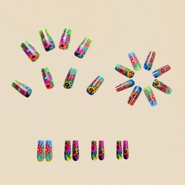 Various Flowers Press on Nails Medium Square Fake Nails Coffin Nails Press on Acrylic Nails Colorful Floral Glue on Nails Spring False Nails Summer Glue on Nails Medium Length Stick on Nails for Women