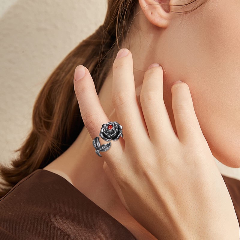 AOBOCO Rose Urn Rings for Women Sterling Silver Black Rose