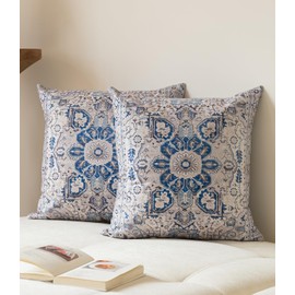 Vorysum Boho Throw Pillow Covers Set of 2 White Blue Antique & Vintage Design Double-Sided Pattern Soft Cushion Covers for Garden Couch Sofa Bed Decorative 18x18 Inch Pillowcases off White