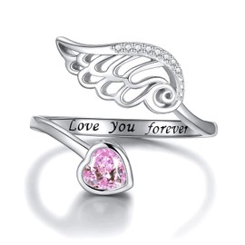 Birthstone Wing Rings Sterling Silver Adjustable Feather Heart Month Stone Wrap Ring Jewelry Gift for Women Engrave Love you forever (Oct)