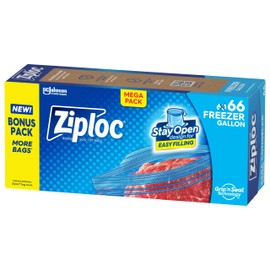 Ziploc Gallon Food Storage Freezer Bags, Stay Open Design with Stand-Up Bottom, Easy to Fill, 66 Bags Total