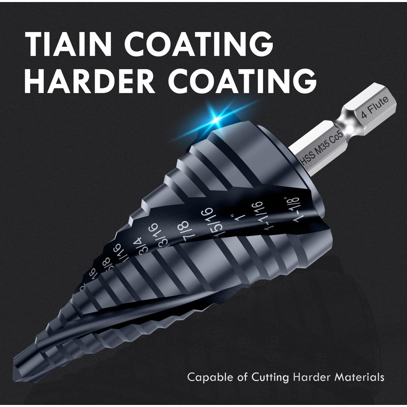 MACXCOIP 1/4"-1-1/8" Four Sprial Flute M35 Cobalt Step Drill Bit