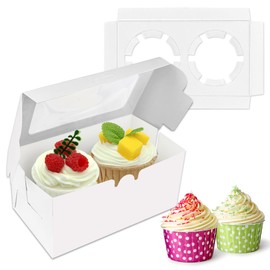 MUMULULU - 10 cajas de papel blanco para cupcakes con 2 cajas de regalo de galletas con ventana transparente, 2 soportes para cupcakes y pastelería, para fiestas de cumpleaños, suministros de