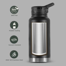 IDEUS Vacuum Insulated Water Bottle, 32 oz Stainless Steel Water Bottles with Straw, Chug and Spout Lid, Reusable Metal Water Bottle Leak Proof Gym Water Bottle, BPA-Free(Black)