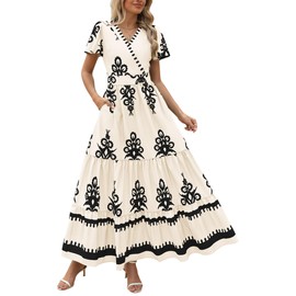 PRETTYGARDEN Womens 2025 Summer Casual V Neck Boho Maxi Dress Flowy Aline Bell Sleeve Tiered Floral Dresses with Pocket (Floral Apricot Black,Small)