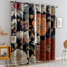 Tyrot Black Boho Floral 100% Blackout Curtains for Bedroom 84 inch Long 2 Panels Mid Century Botanical Black Out Curtains for Living Room Grommet Thermal Insulated Room Darkening Window Drapes,52Wx84L