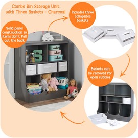 Badger Basket Combo Toy Storage Organizer and Bookshelf - Kids Storage Unit with 3 Removable Baskets, Open Shelves, Top Display Surface - Charcoal