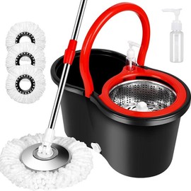 Colorful 360° Spin Mop and Bucket Set with 3 Microfiber Refills, 61in Stainless Steel Adjustable Extendable Pole, Plastic Bucket for General Cleaning:_mop bucket & 3mop heads