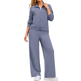Glamaker Womens 2 Piece Sweat Sets Casual Comfy Long Sleeve Zip Up Wide Leg Sweatpants Jogger Sets Athletic Track Suits Travel Outfits Blue Purple M