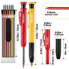 Hiboom 4 Pack Carpenter Pencil with 24 Refills (Red, Black, Yellow), 2.8 mm Heavy Duty Construction Pencil Built in Sharpener, Woodworking Marking Tool Solid Long Nosed Deep Hole (Multi Colors)