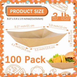 RAIHOMKIT 3 lb Paper Food Boats,100 Pack Kraft Paper Food Trays Disposable,Heavy Duty Food Boats Disposable Nacho Trays,Paper Serving Boats for Party Picnic Hot Dog Snack Nachos French Fries (Brown)