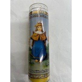 Brilux Saint Child of Atocha (Santo Nino de Atocha) Unscented Yellow Pillar Candle in Glass