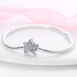 CMB062 Women's Bracelet 925 Sterling Silver, Bracelets with Heart Clasp Moments Snake Link Bracelet Valentine's Day Mother's Day Birthday Christmas Gift for Women Girlfriend Mum, 19 cm, Sterling