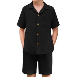 Haloumoning Boys 2 Pieces Summer Outfits Beach Short Sleeve Button Down Shirts and Shorts Vacation Texture Sets for Kids