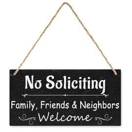 No Soliciting Sign, Family Friends and Neighbors Welcome Hanging Plaque for House Yard Front Door Porch Gate, Funny Rustic Wall Art Decorative Wood Sign Home Decor 5X10 Inch