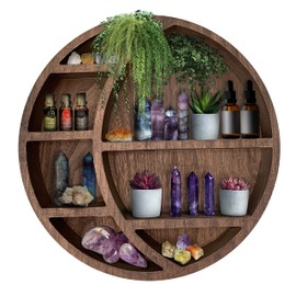Wooden Crescent Moon Shelf Wall Decor - Decorative Boho Home Hanging Display Shelf for Bedroom, Dorm, Nursery - Easy Mount Storage for Crystals and Essential Oils - 14 x 14 x 3.5 (Brown)