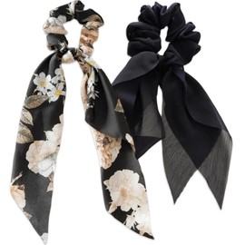 Floral Patterned Satin and Solid Colored Chiffon Hair Scarf Scrunchie Set, 2 Pieces (Black Floral and Black)