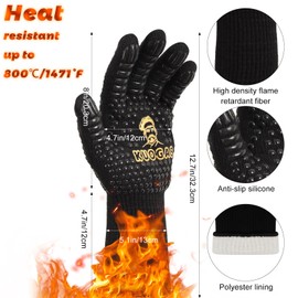 KUOGAS Barbecue Gloves, Heat Resistant up to 800 °C, Oven Gloves, Oven Gloves, Fireproof Gloves, BBQ Gloves, Cooking Gloves, Baking Gloves, Oven Gloves, Made of Cotton (Black, L), black