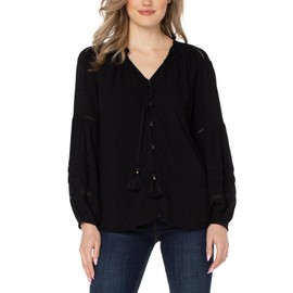 Liverpool Womens Long Sleeve Popover Shirred Blouse Black L