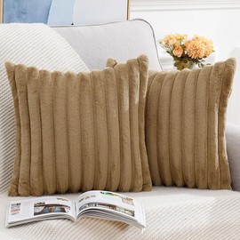 Madizz Set of 2 Faux Fur Plush Decorative Cushion Covers, Fluffy, Striped, Soft, Decorative Cushion Cover for Sofa, Bedroom, Cushion, Camel, 50 x 50 cm