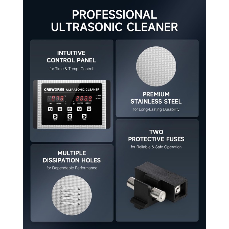 CREWORKS 2L Digital Ultrasonic Cleaner with Degas & Gentle Modes,