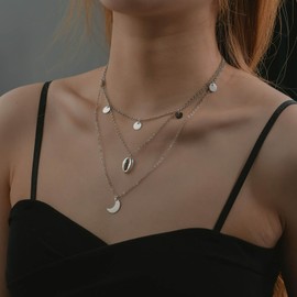 Yheakne Vintage Layered Moon Choker Necklace Silver Cowrie Shell Pendant Necklace Tiny Coin Disc Dangle Necklace Crescent Moon Necklace Chain Jewelry for Women
