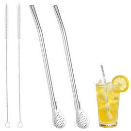 YuanVQuanWee Stainless Steel Spoon, Washable, Reusable, For Drinking, Mixing, Multifunctional, Portable, 7.1 inches (18 cm) Cleaning Brush Included, Dual Purpose Removable (2 Straws + 2 Cleaning