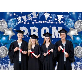 INRUI Prom 2024 Photography Background Blue and Silvery 2024 Prom Night Banner Glitter Balloons Flags Graduation Prom Party Decorations Backdrop (7x5FT)