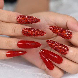 LINSSQ 3D Rhinestones Glossy Red Press on Nails, Super Long Stiletto False Nails, Beauty Manicure Kits Reusable UV Gel Fake Finger Stones Nail Art Tips for Daily Office Party