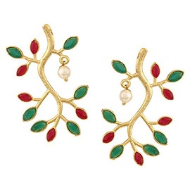 Efulgenz Indian Bollywood 14K Gold Plated Crystal Kundan Pearl Leaf Style Jhumka Jhumki Earrings Jewelry Set, Metal Crystal Rhinestone Stone