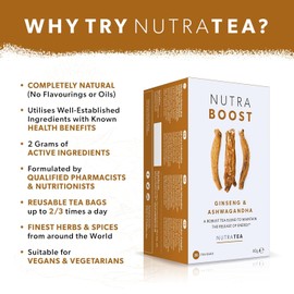 Nutra Tea NUTRABOOST - Energy Tea | Herbal Energy & Focus Tea - Help With Tiredness And Fatigue -Includes Green Tea, Ginseng & Ashwagandha - 20 Individually Wrapped Bags - Herbal Tea