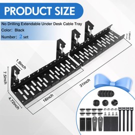 Chengu 2 Pack Under Desk Cable Management Tray, Extendable 16" to 31" No Drilling Cable Management, Retractable Power Strip Cord Holder with Clamp Wire Rack Organizer Accessories for Office Home