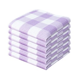 PurpleEssences 100% Cotton Waffle Weave Check Plaid Kitchen Towels, Super Soft and Absorbent Dish Towels for Drying Dishes,12 x 12-6 Pack - Lavender and White