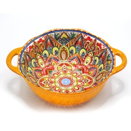 Bohemia Large Bowls with Handle, 40 oz Ceramic Soup Bowl for Salad, Pasta, Cereal,Fruit, Udon, Microwave & Dishwasher Safe (Orange)