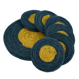 Jute Coaster C013, Handmade Coaster Set, Round Design Coasters C013 Blue Yellow Coaster