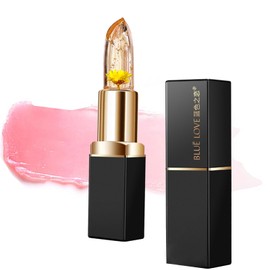BLUE LOVE Color Changing Lipstick, Flower Gold Foil Jelly Lip Balm Clear Lipstick with Flower Inside, Moistrurizer Lip Stick Long Lasting Nourishing Lip Gloss for Dry Lips (Gold, 1PC)