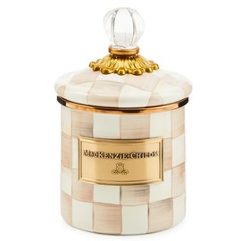 MACKENZIE-CHILDS Demi Enamel Canister, Kitchen Storage Container with Lid, Brown-and-White Mocha Check