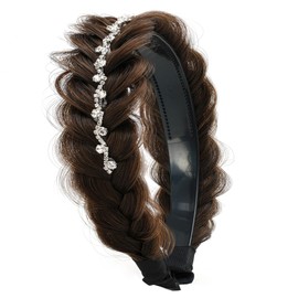 STHEJFB Wide Fishtail Braid Braided Headband Crystal Deco Style Messy Braided Headband Hoop Elastic Non-slip Band for Women and Girl Fashion Hair Accessories（brownish black）
