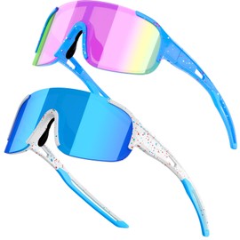 IKTOD 2PACK Youth Baseball Kids Sunglasses for 4-16 Boys Girls Softball Cycling Glasses UV400 Protection Sports Goggles (2Pack/Blue Frame+White Frame/CB03)