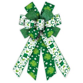 Large Saint Patricks Day Wreath Bows Saint Patrick's Day Burlap Bows Glitter Clover Shamrock Words Decor Bows for Wreath St Patrick's Day Tree Topper Bows for Irish Holiday Wreath Ornament Decoration