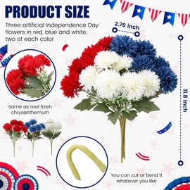 Thiccywoov 6 Pcs 4th of July Artificial Chrysanthemums Flowers Red White Blue Patriotic Flowers Decor Independence Day Fake Silk Mums Blossom with 6 Heads for Home Memorial Day Table Centerpiece