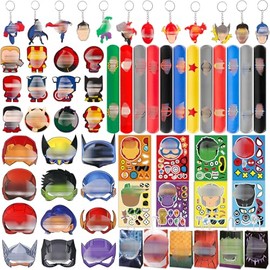 Luclay Hero Party Bags Fillers Kids, 72Pcs Party Favor Decorations with Bags Masks Slap Bands Keyrings Shoe Charms Stickers DIY Party Pinata Gifts Birthday Giveaways Classroom Prize Supplies