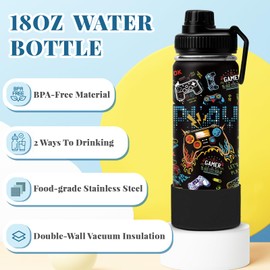 Game Gifts for Kids - 18oz Gamer Water Bottle with Straw & 2 Lid, Game Play Kids Stainless Steel Water Bottle, Insulated, Leak Proof, BPA-Free, for School, Travel, Gamer Gift Cup for Boys Girls